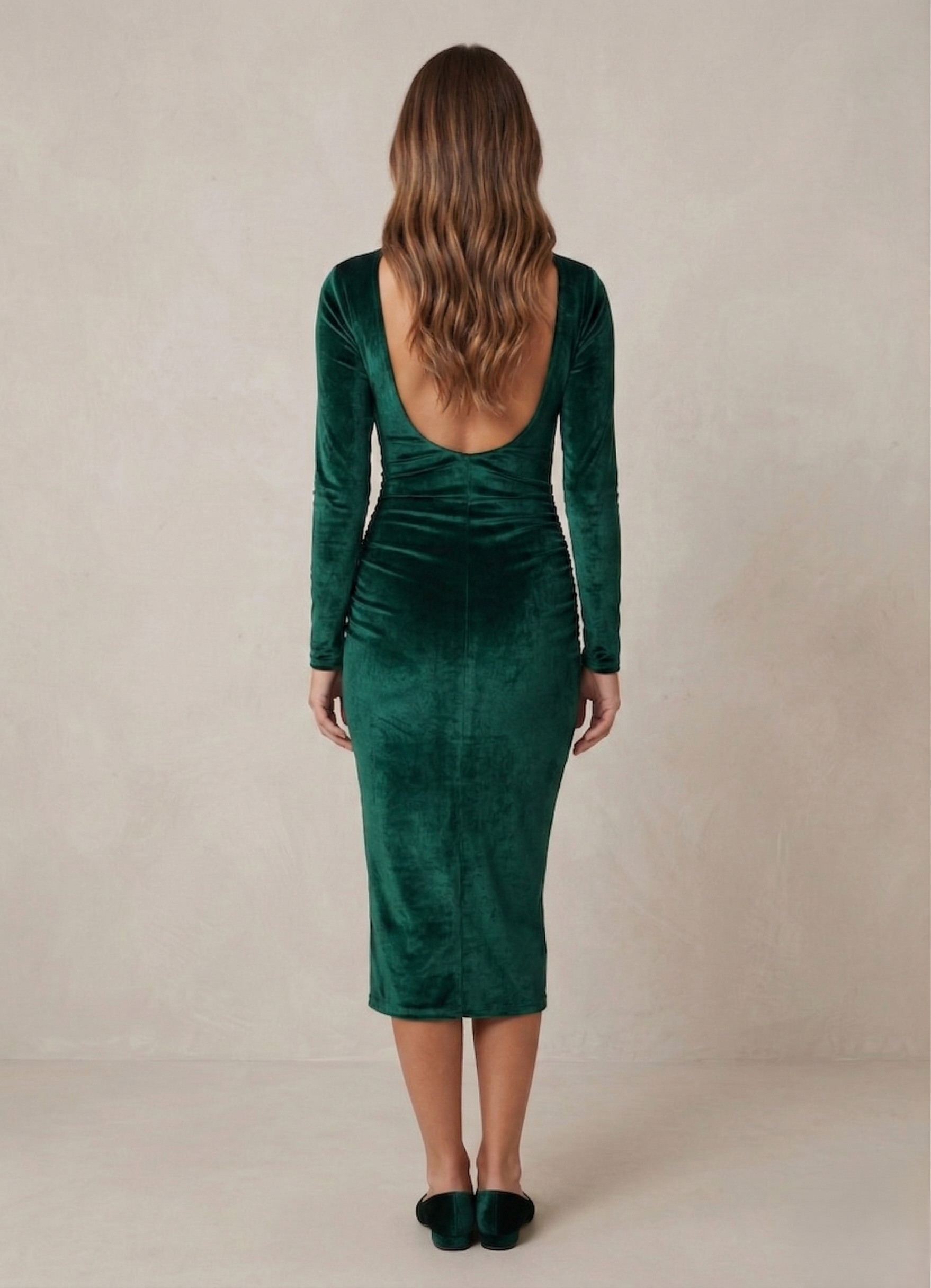 Dulzura 2024 Spring Summer Velvet Long Sleeve Midi Dress For Women Ruched Long Dress Elegant Party Clothes Evening Green Outfits