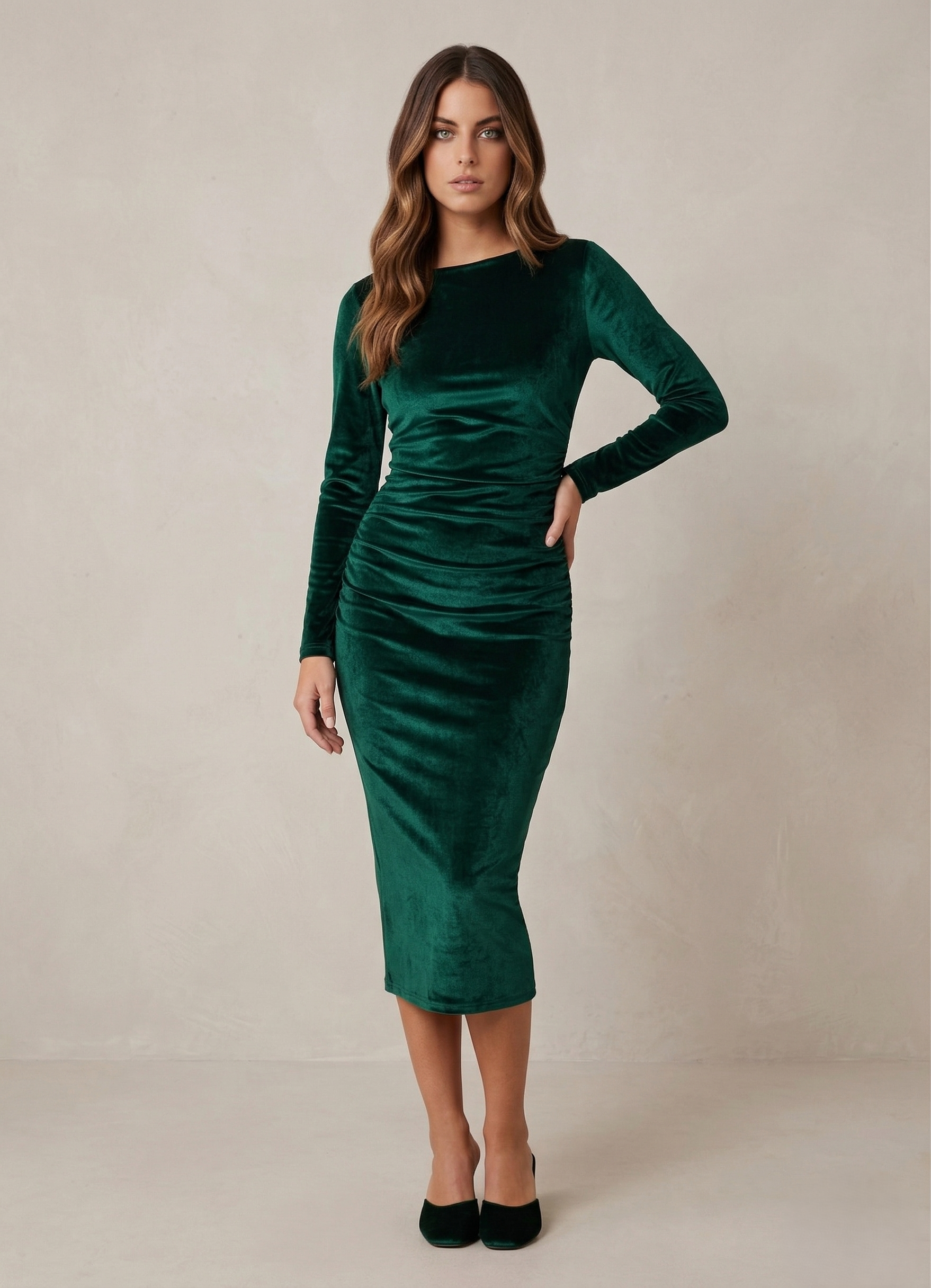 Dulzura 2024 Spring Summer Velvet Long Sleeve Midi Dress For Women Ruched Long Dress Elegant Party Clothes Evening Green Outfits