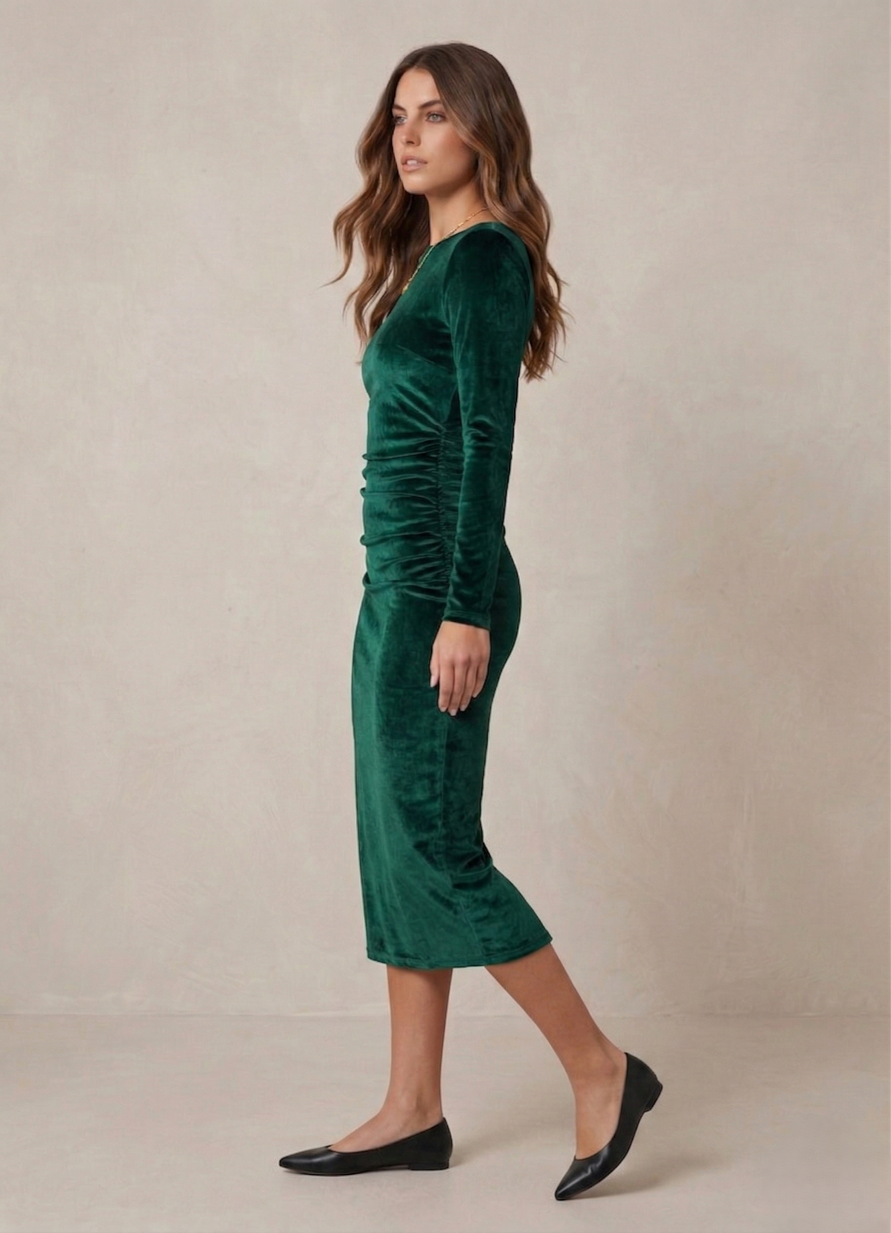 Dulzura 2024 Spring Summer Velvet Long Sleeve Midi Dress For Women Ruched Long Dress Elegant Party Clothes Evening Green Outfits